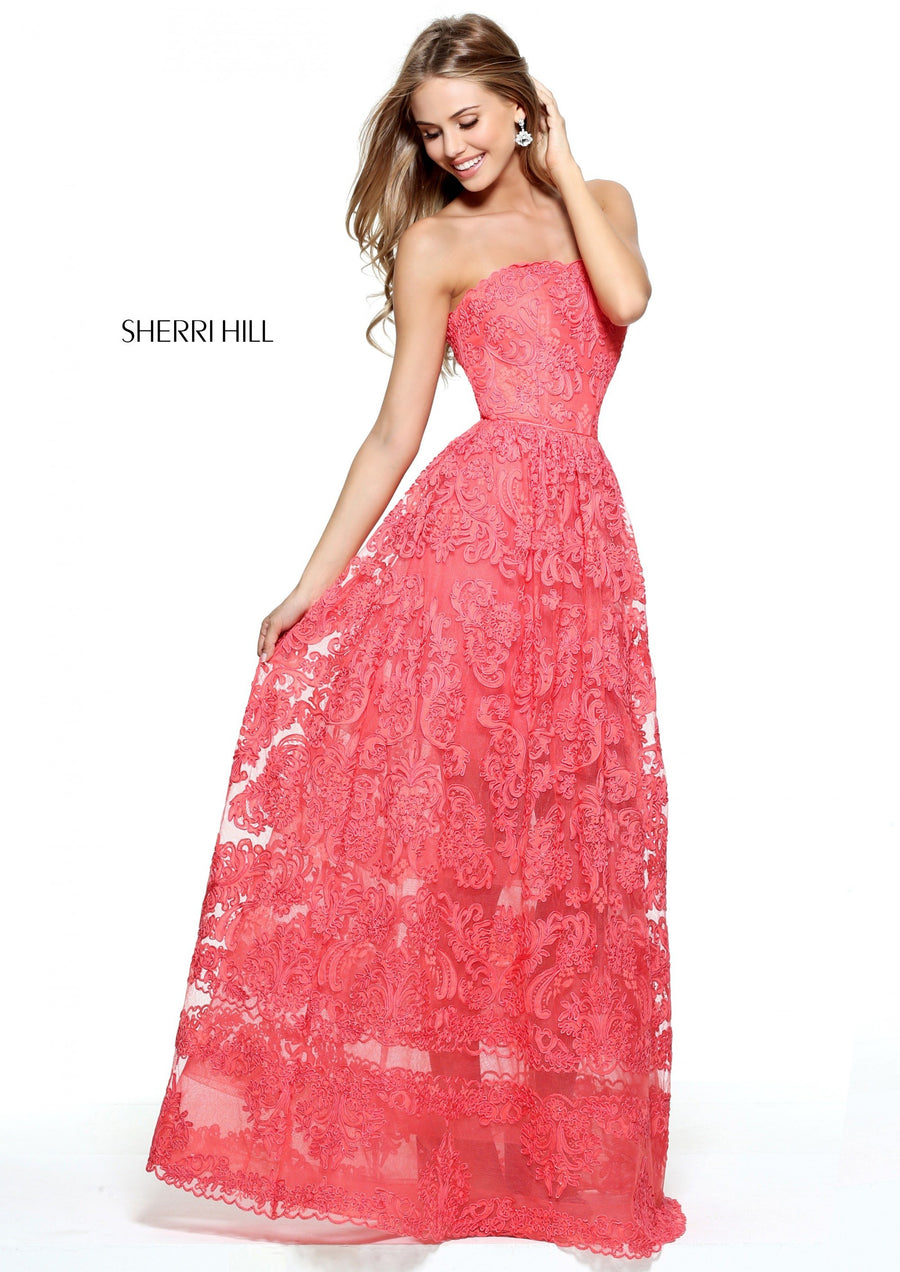 Sherri Hill style 50878 in ivory, Strapless Lace A-Line Gown