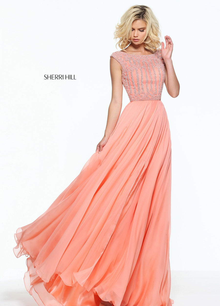 Sherri Hill style 50929 in blush, Chiffon Cap Sleeve Gown