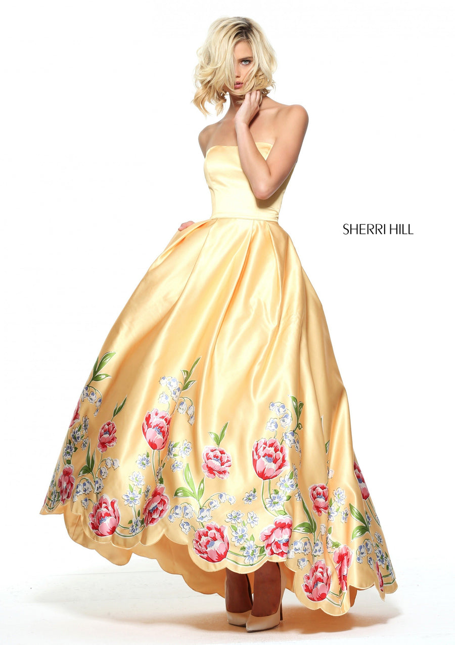 Sherri Hill style 51139 in black print, Satin Audrey Length Gown
