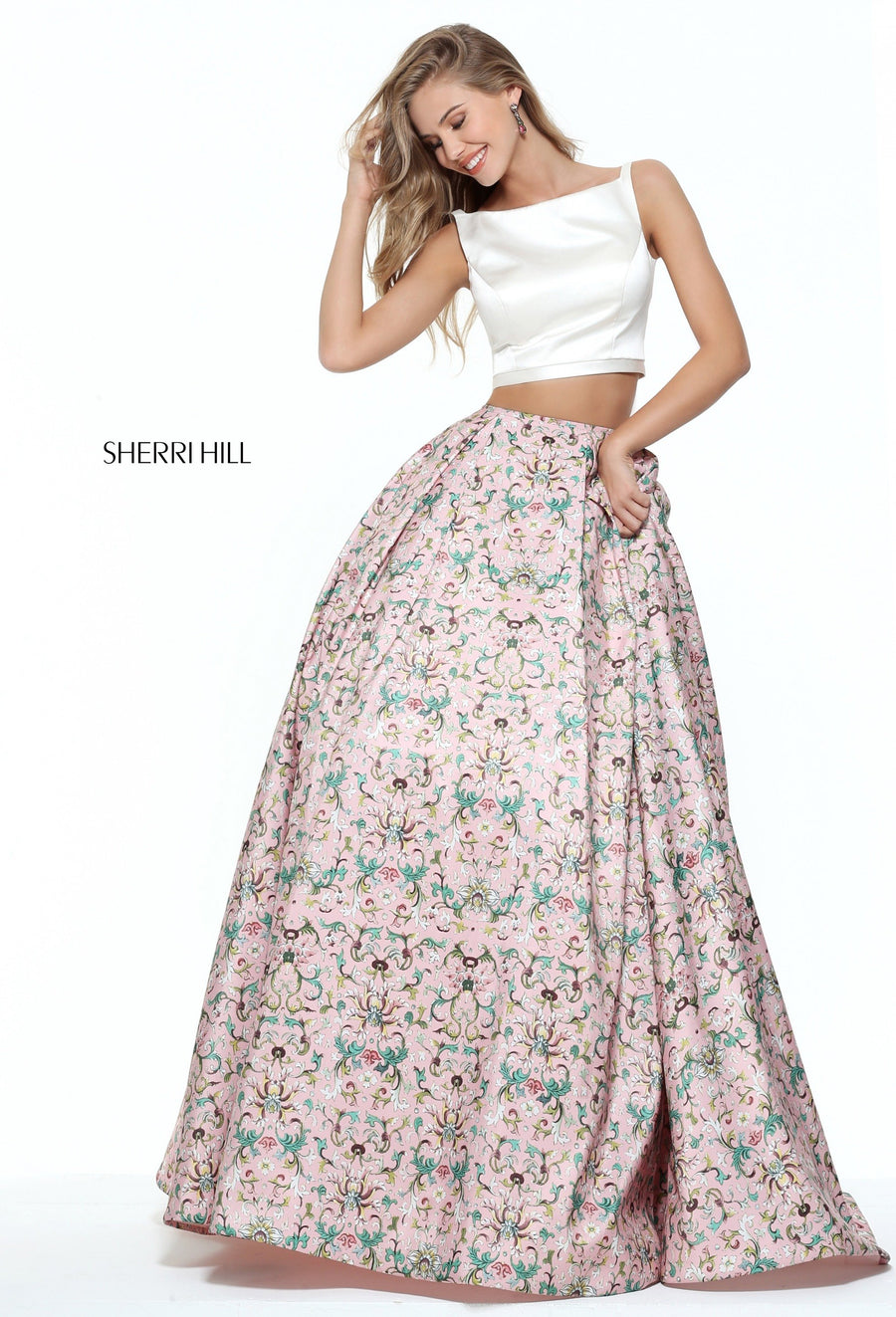 Sherri Hill style 51123 in ivory/pink print, Two-Piece Pink Print Ball Gown