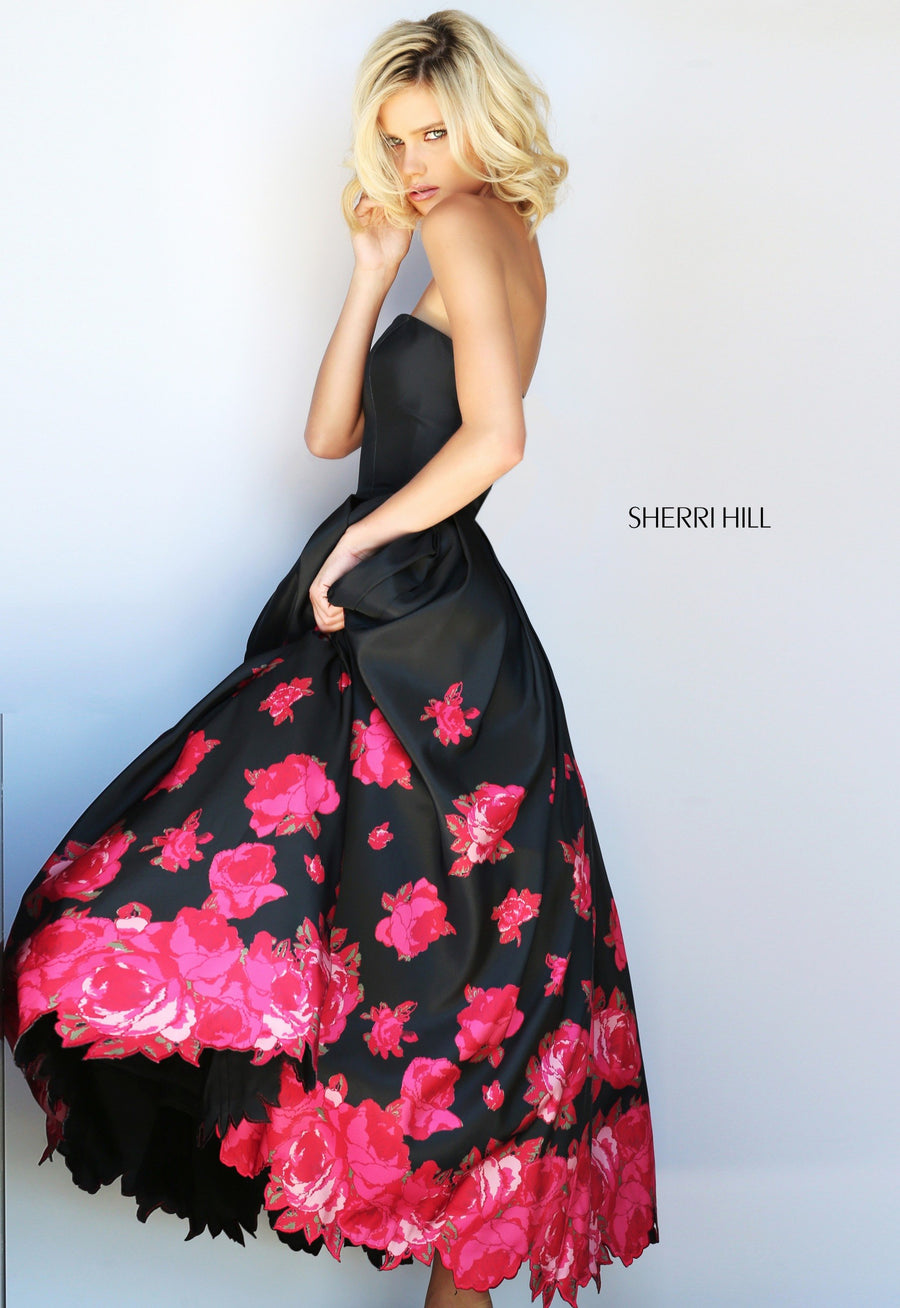 Sherri Hill style 51056 in ivory/red print, Floral Print Tea Length Gown