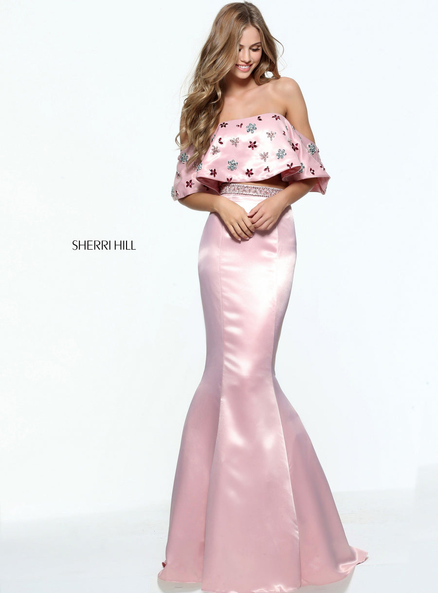 Sherri Hill style 51054 in light Brown, Two-Piece Satin Mermaid Gown