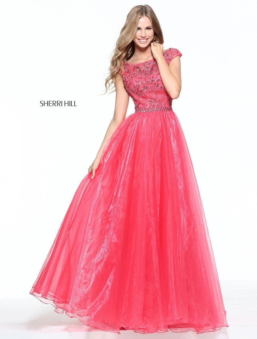 Sherri Hill style 50954 in dark nude, Cap Sleeve Organza Ball Gown