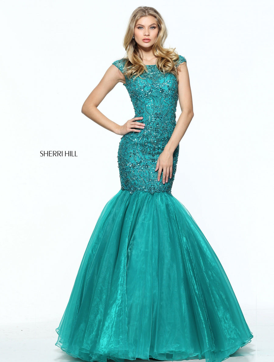 Sherri Hill style 50955 in teal, Cap Sleeve Beaded Mermaid Organza Skirt