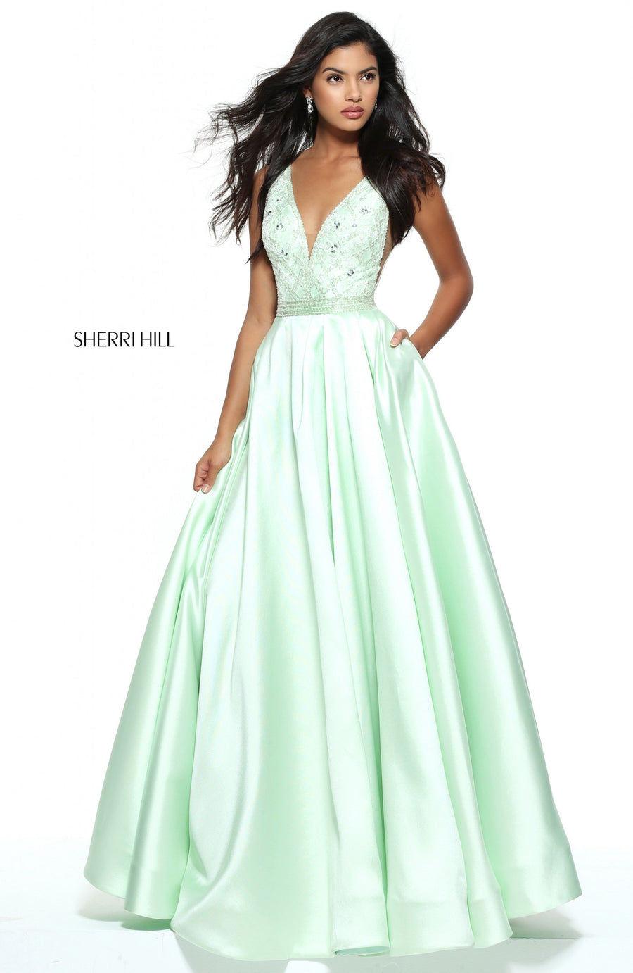 Sherri Hill style 50964 in light green, V-Neck Ball Gown with Beaded Bodice