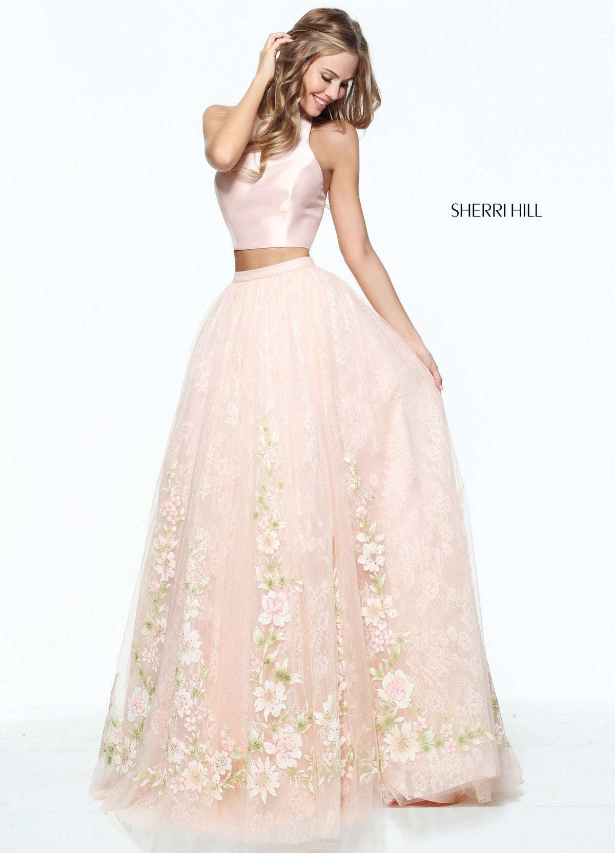 Sherri Hill 50965 two-piece A-line gown with lace in blush/multi