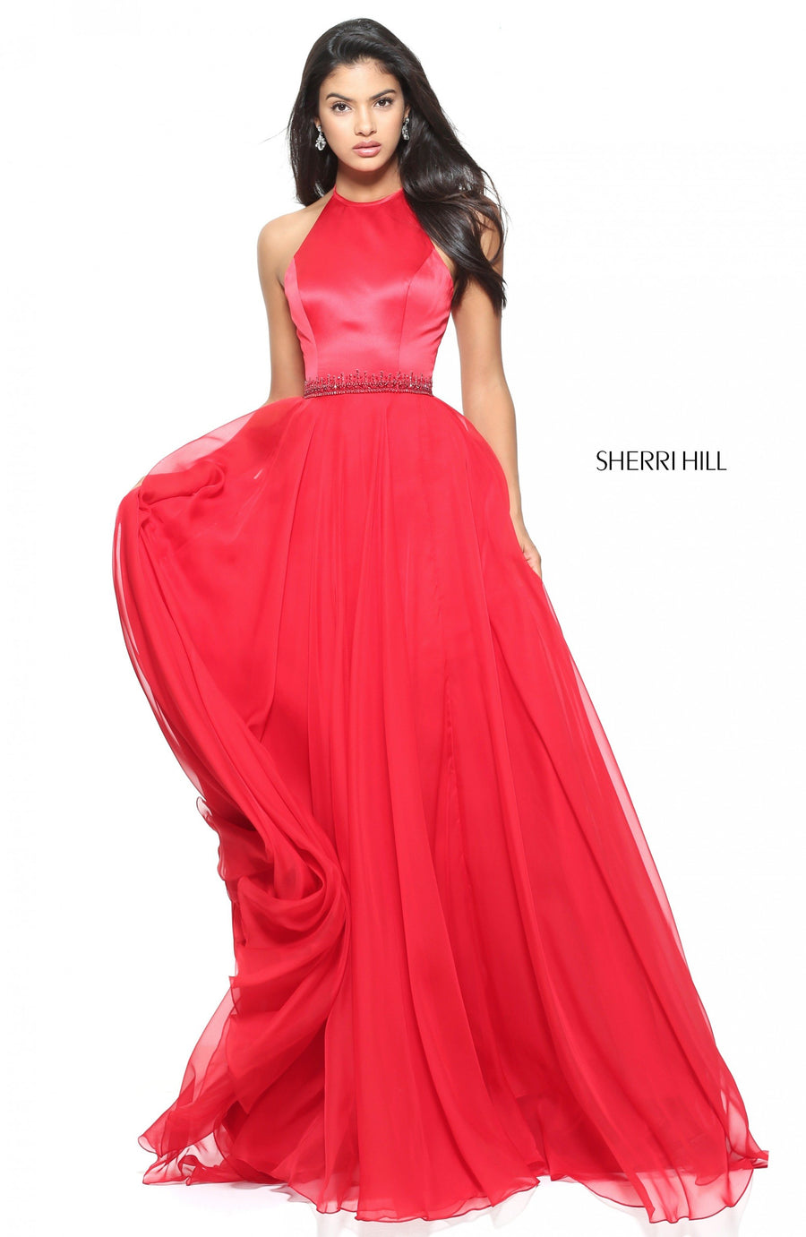 Sherri Hill style 50971 in yellow, High Neck Satin Bodice with Chiffon Skirt