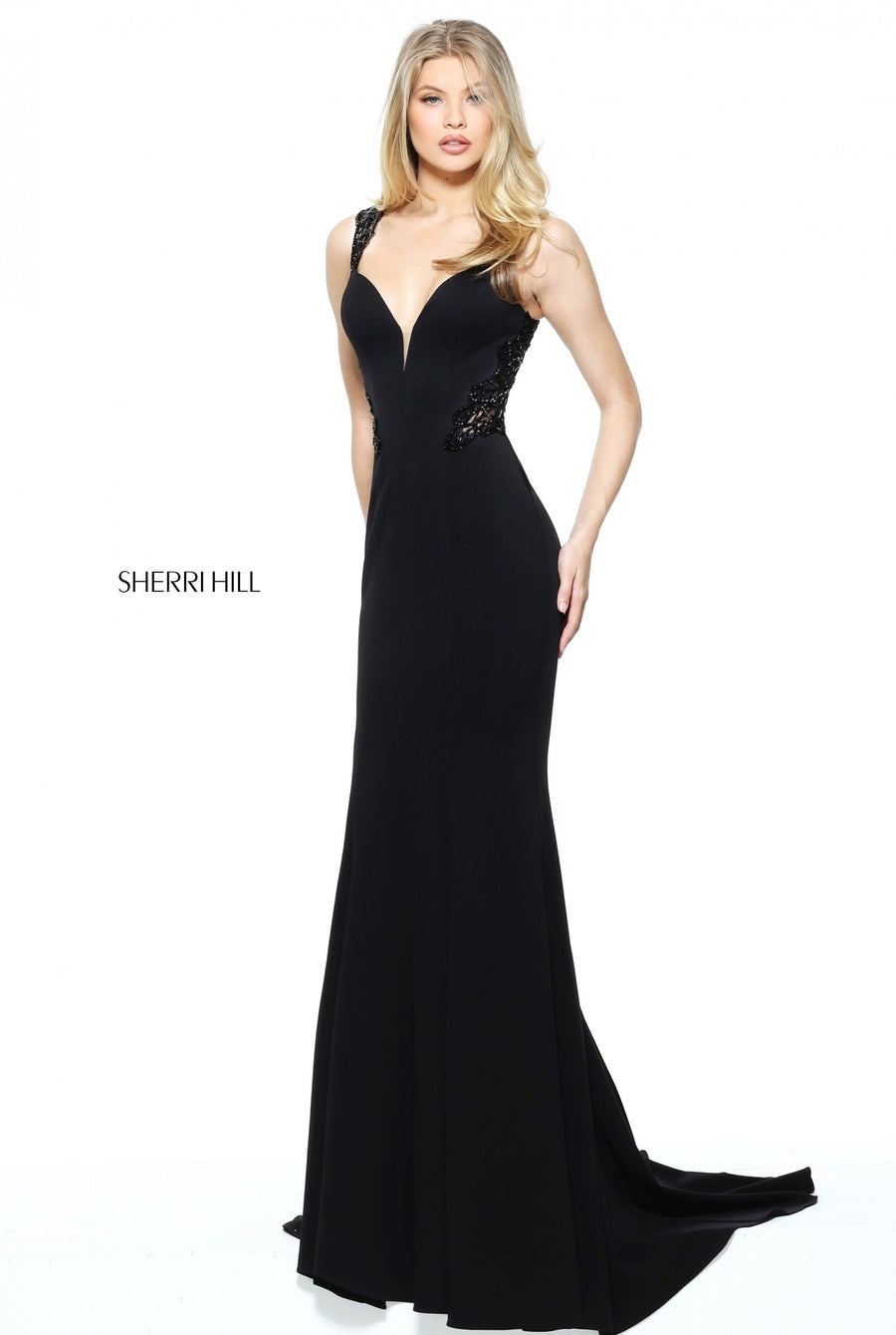 Sherri Hill style 50973 in black, Fitted Crepe Dress with Beaded Open Back