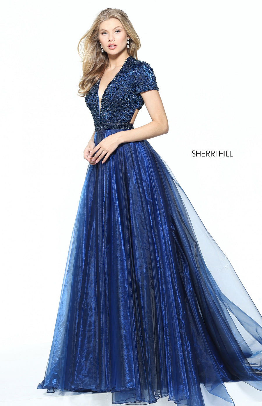 Sherri Hill style 50976 in magenta, Short Sleeve Organza Ball Gown