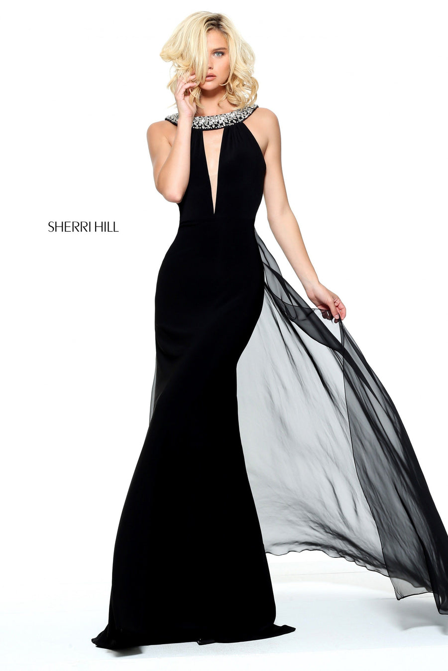 Sherri Hill style 50978 in black, Fitted Jersey Chiffon Over Skirt