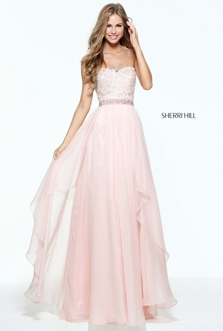 Sherri Hill style 51052 in blush, Strapless Layered Chiffon Gown