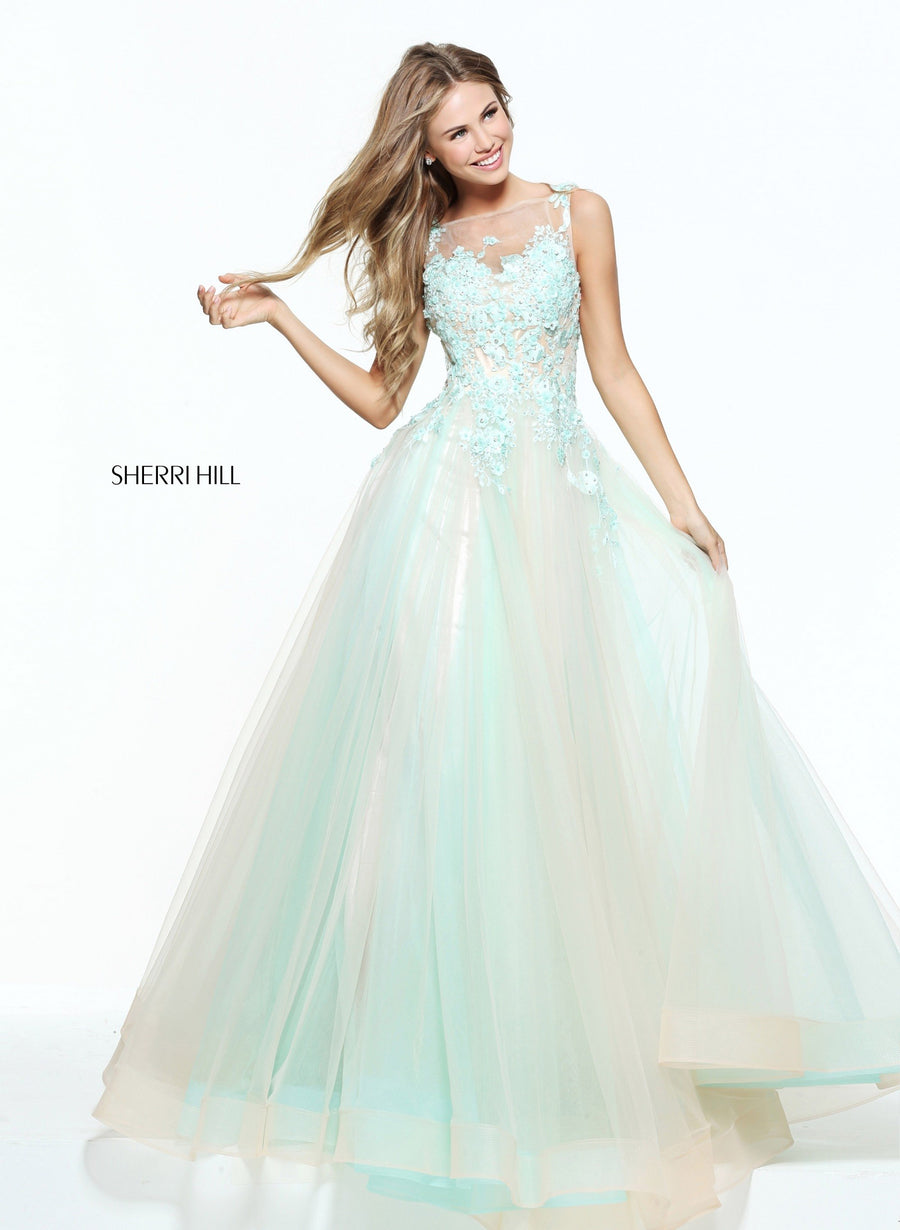 Sherri Hill style 51051 in aqua/blush, Tulle Ball Gown