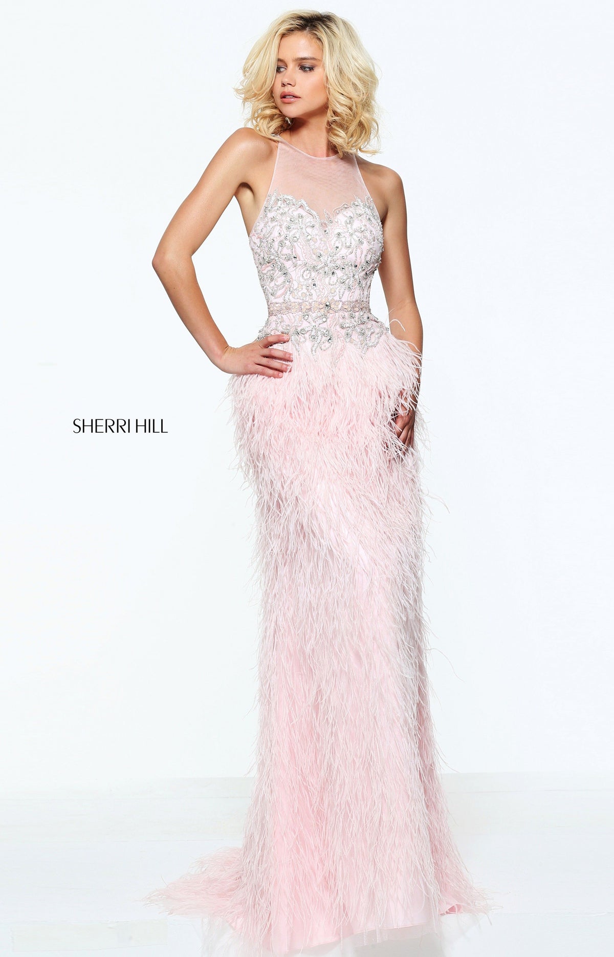 Sherri Hill 51048 fitted feather skirt with beaded bodice in light pink