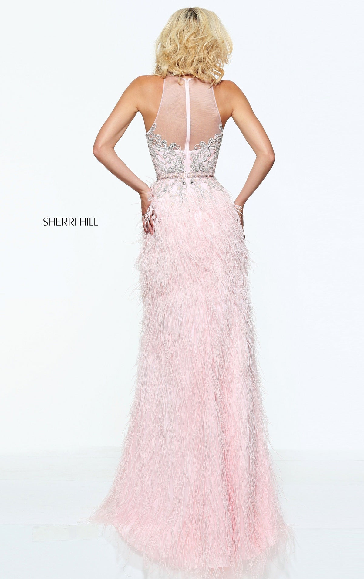 Sherri Hill 51048 fitted feather skirt with beaded bodice