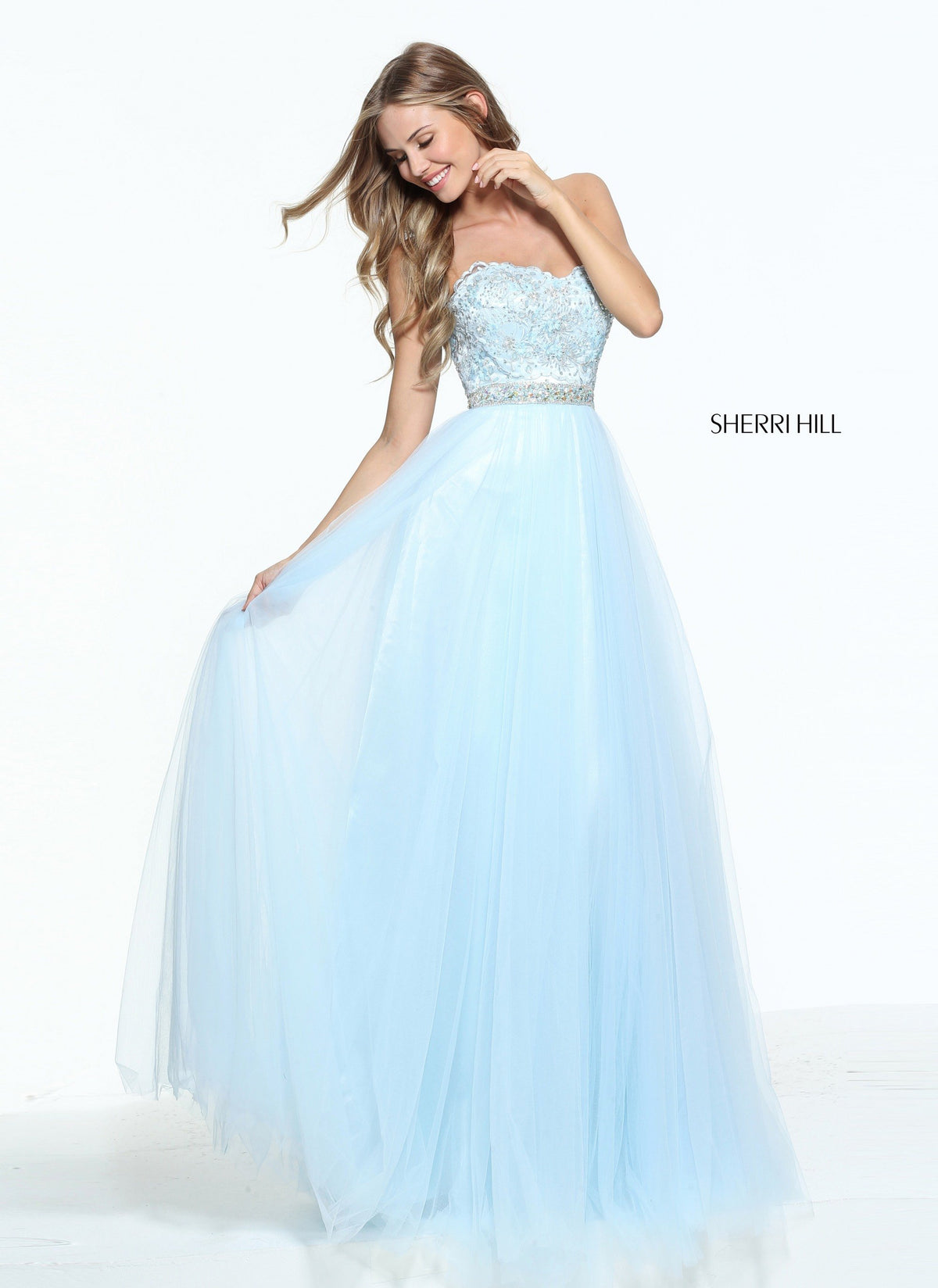 Sherri Hill 51045 sweetheart strapless tulle gown in light blue