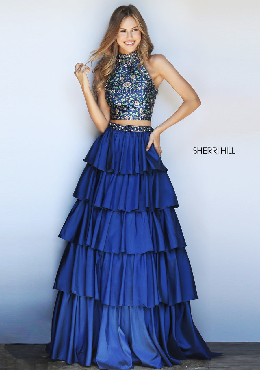 Sherri Hill style 51040 in navy print, Two-Piece A-Line Gown with Tiered Skirt