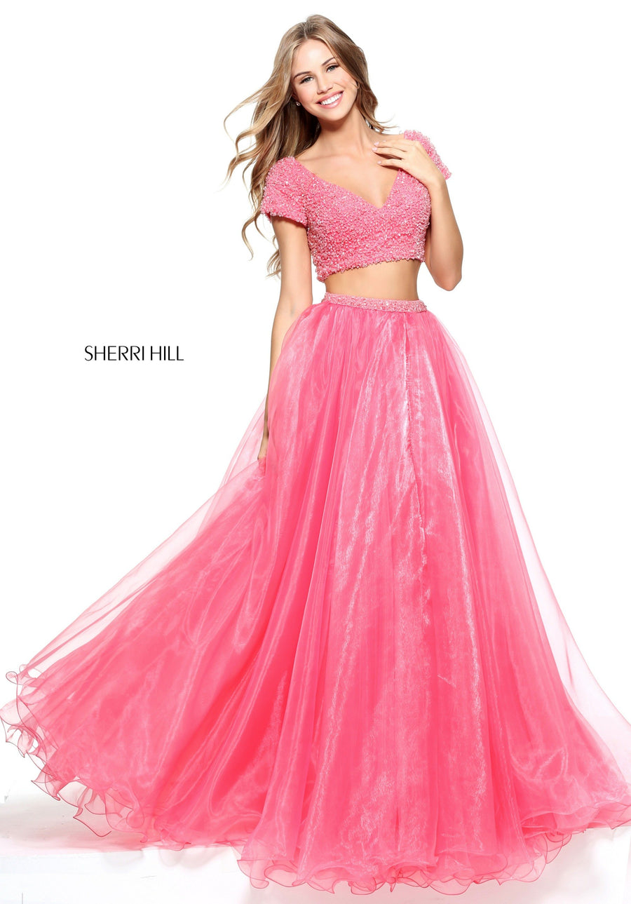 Sherri Hill style 51039 in coral, Two Piece Organza Ball Gown