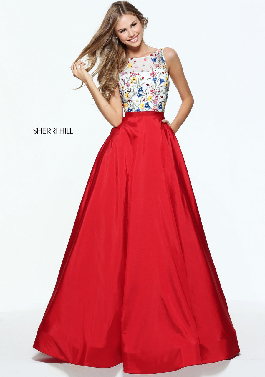 Sherri Hill style 51037 in red/multi, High Neck Taffeta Ball Gown