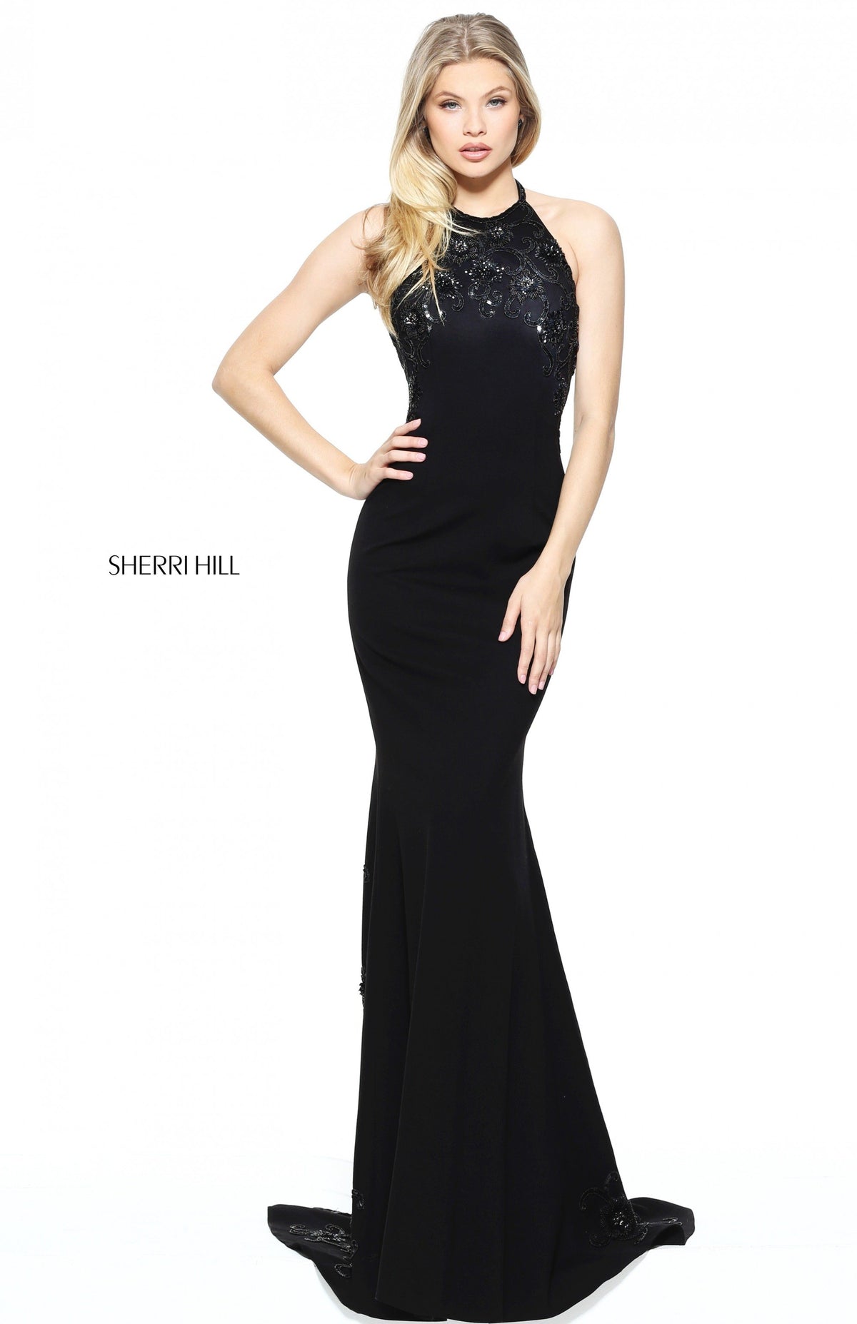 Sherri Hill 50982 fitted scuba gown with beaded bodice in black
