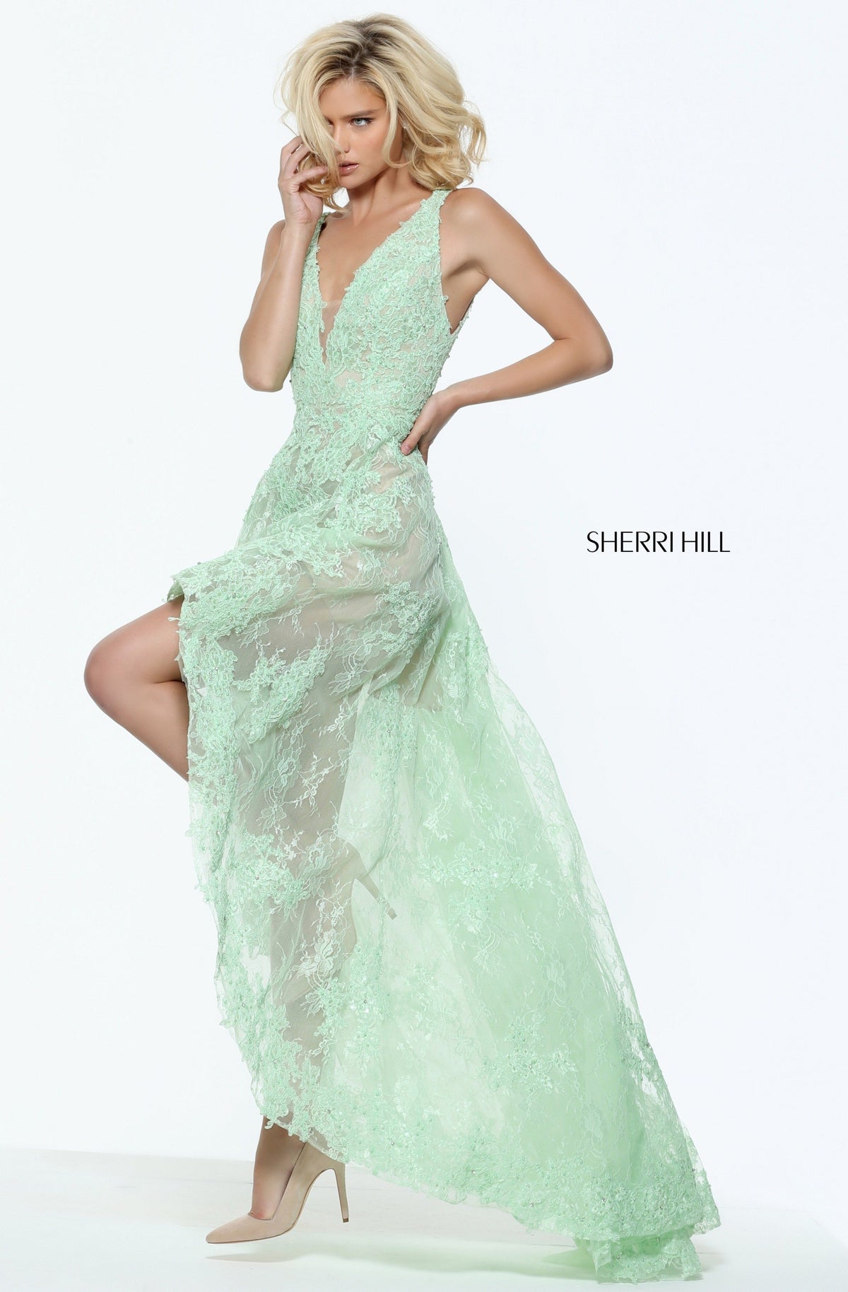 Sherri Hill 50985 lace high-low gown with V-neck bodice