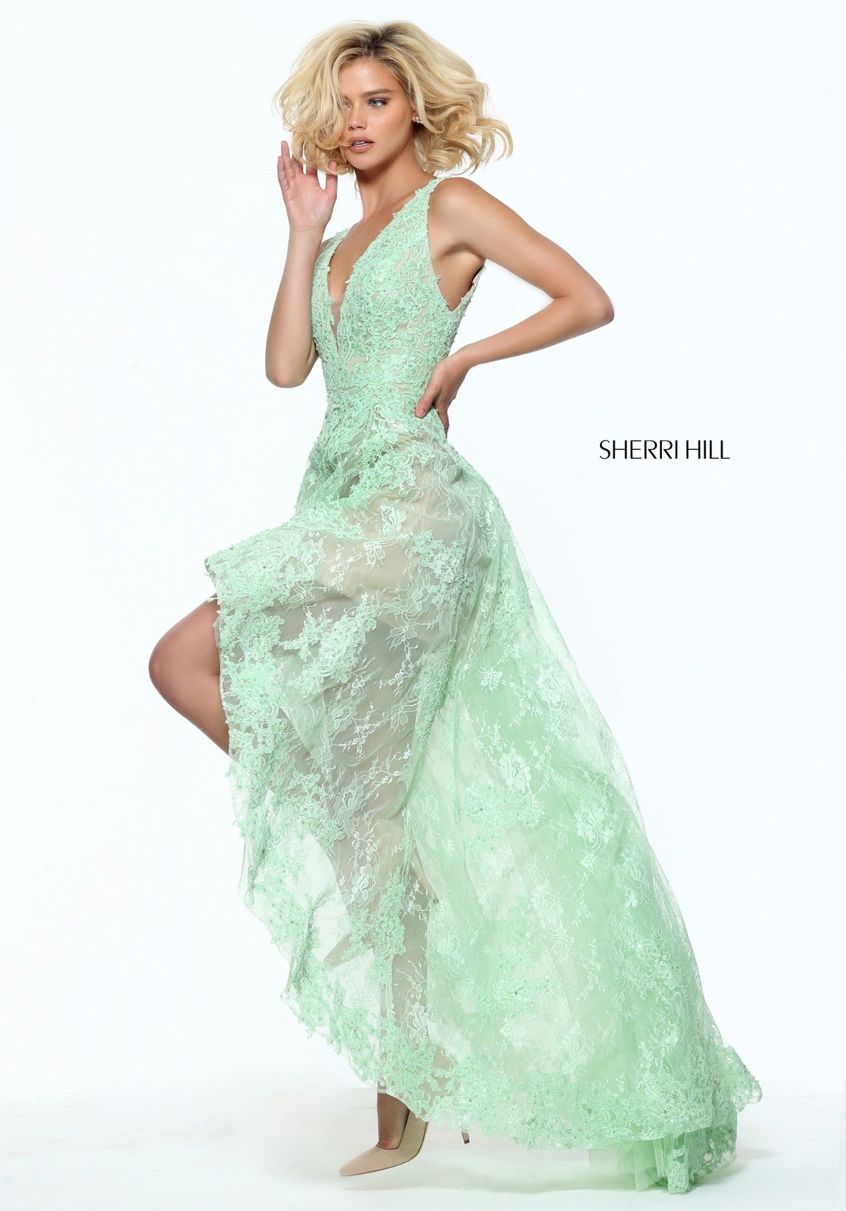 Sherri Hill 50985 lace high-low gown with V-neck bodice