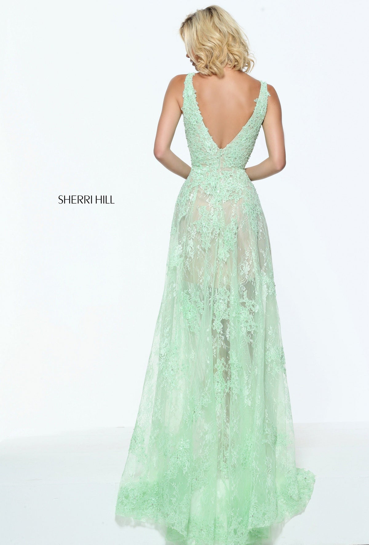 Sherri Hill 50985 lace high-low gown with V-neck bodice