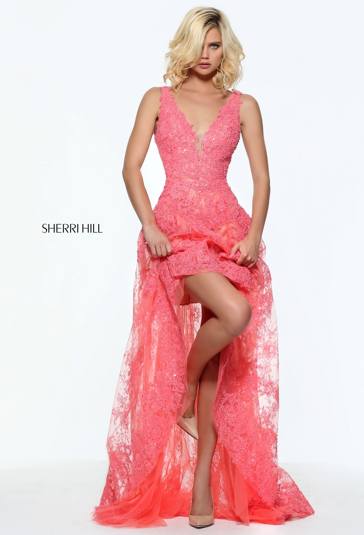Sherri Hill 50985 lace high-low gown with V-neck bodice in coral/nude