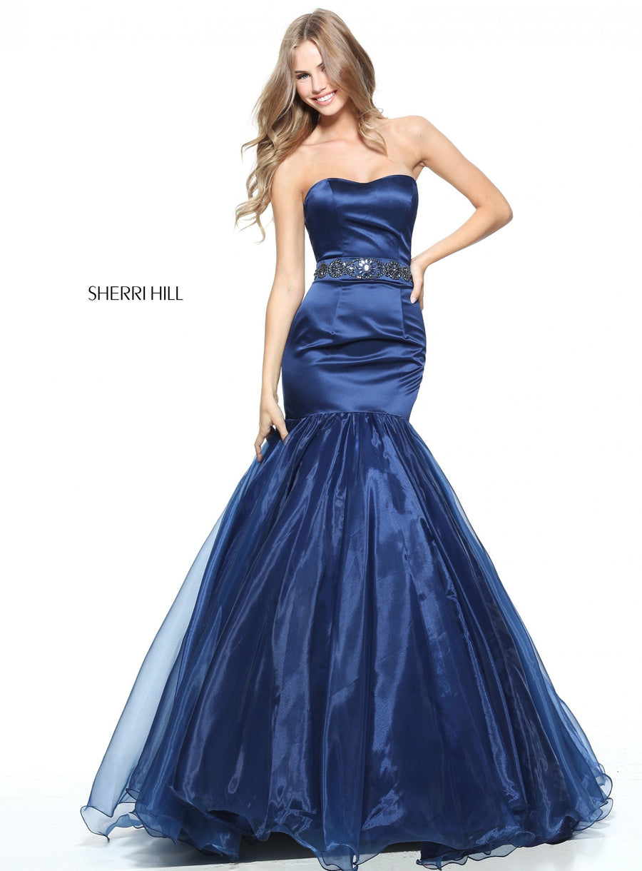 Sherri Hill style 50992 in black, Strapless Satin Mermaid Organza Skirt