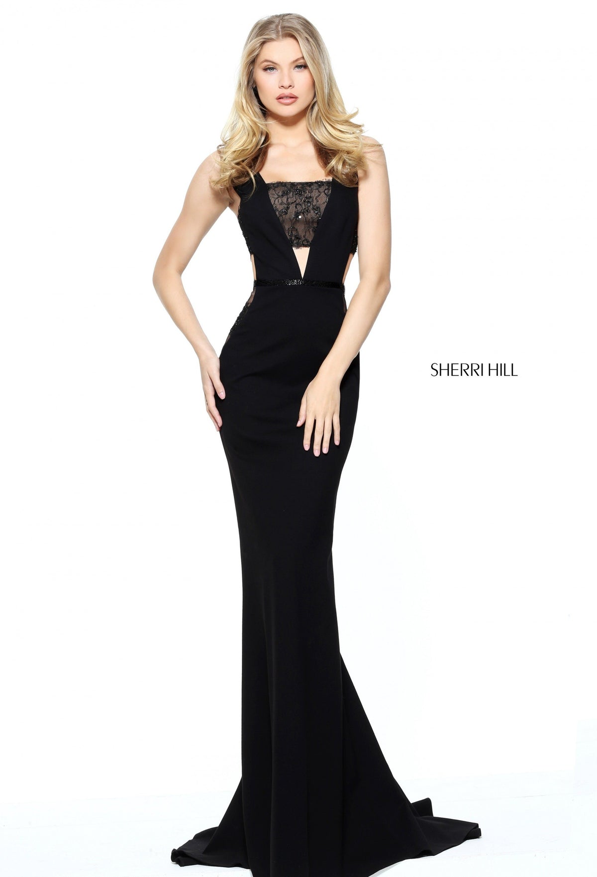Sherri Hill 50997 fitted scuba gown with lace bandeau in black/nude