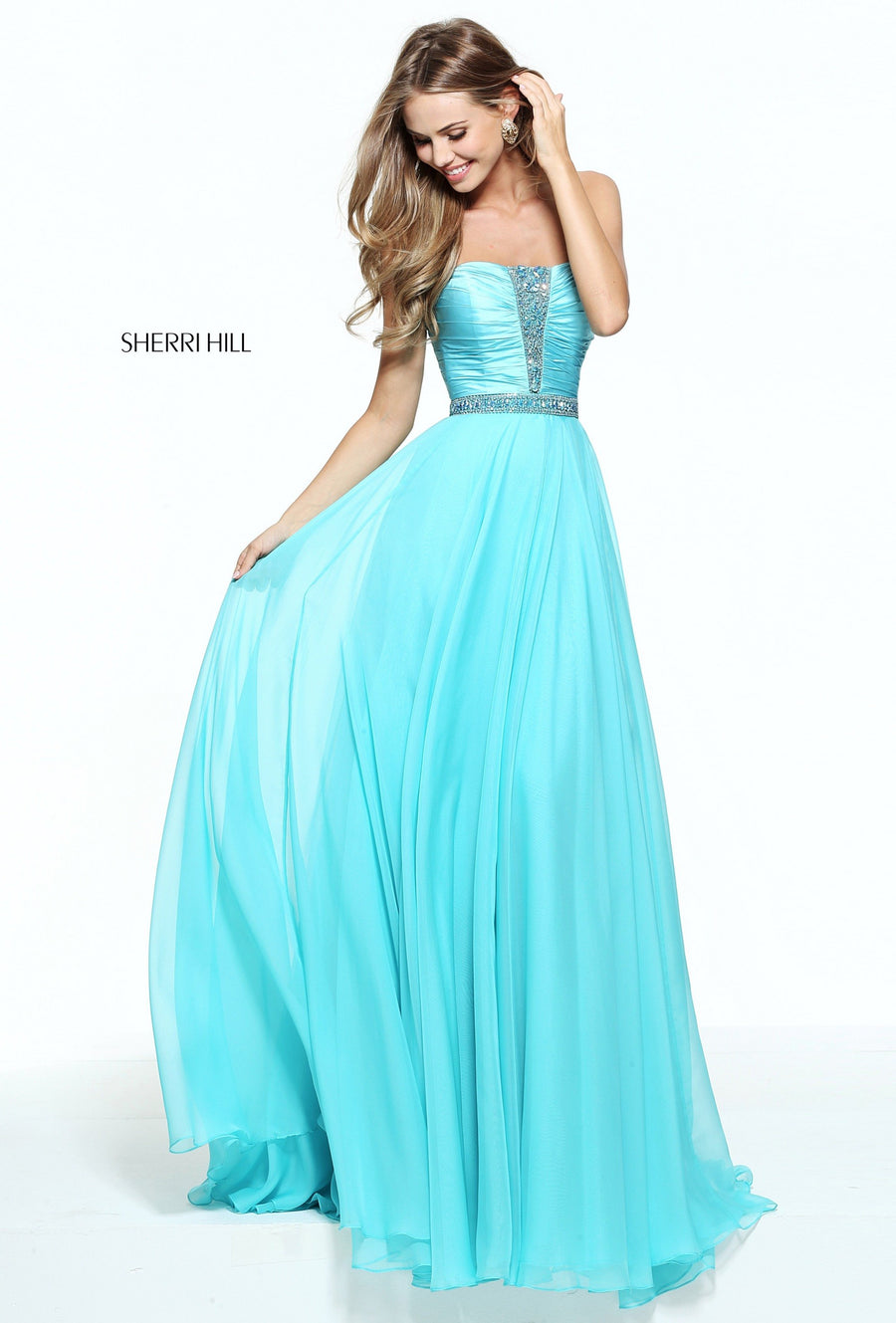 Sherri Hill style 51002 in light blue, Strapless Chiffon Gown