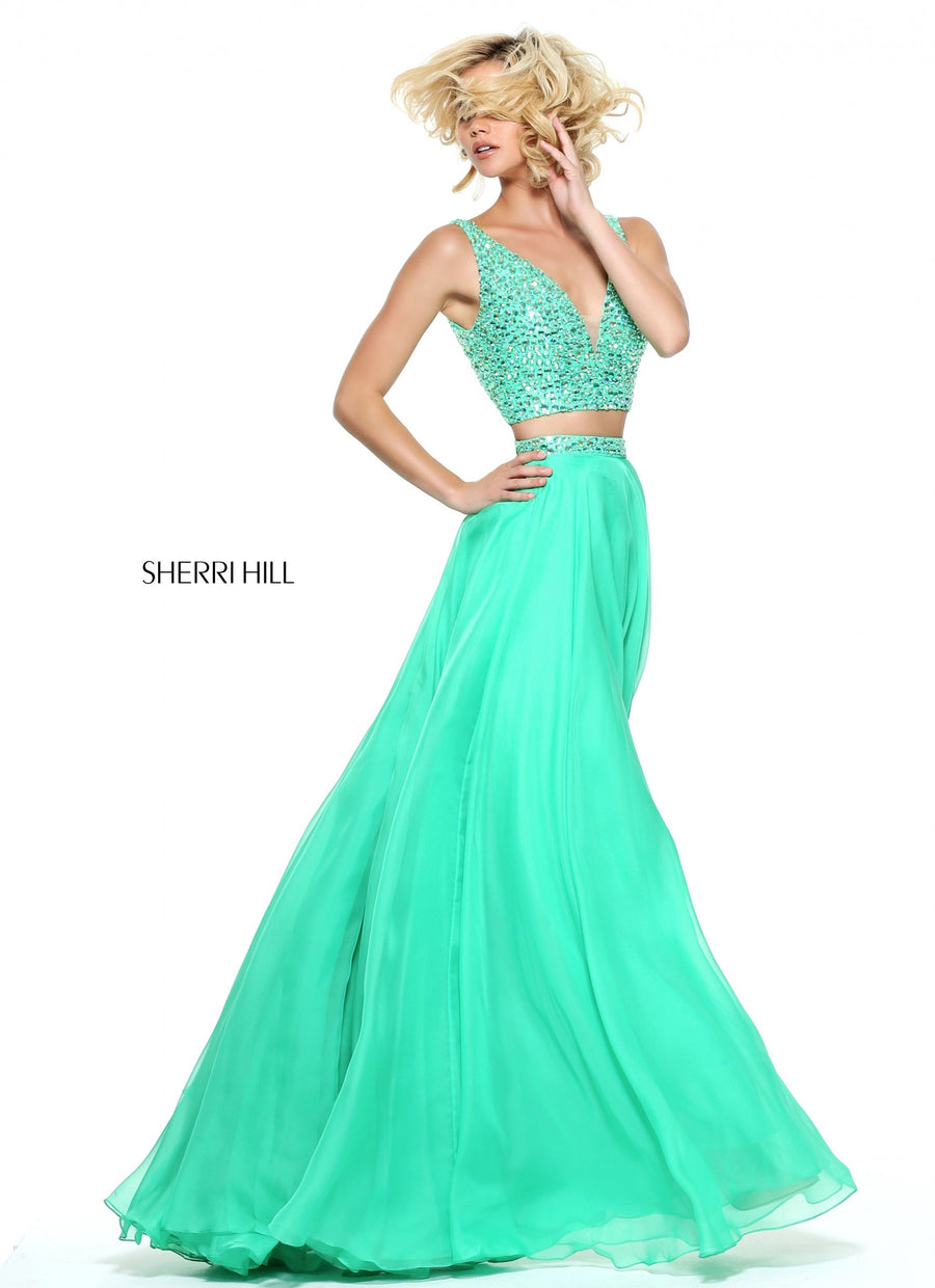 Sherri Hill style 51008 in aqua, Two-Piece Chiffon Gown