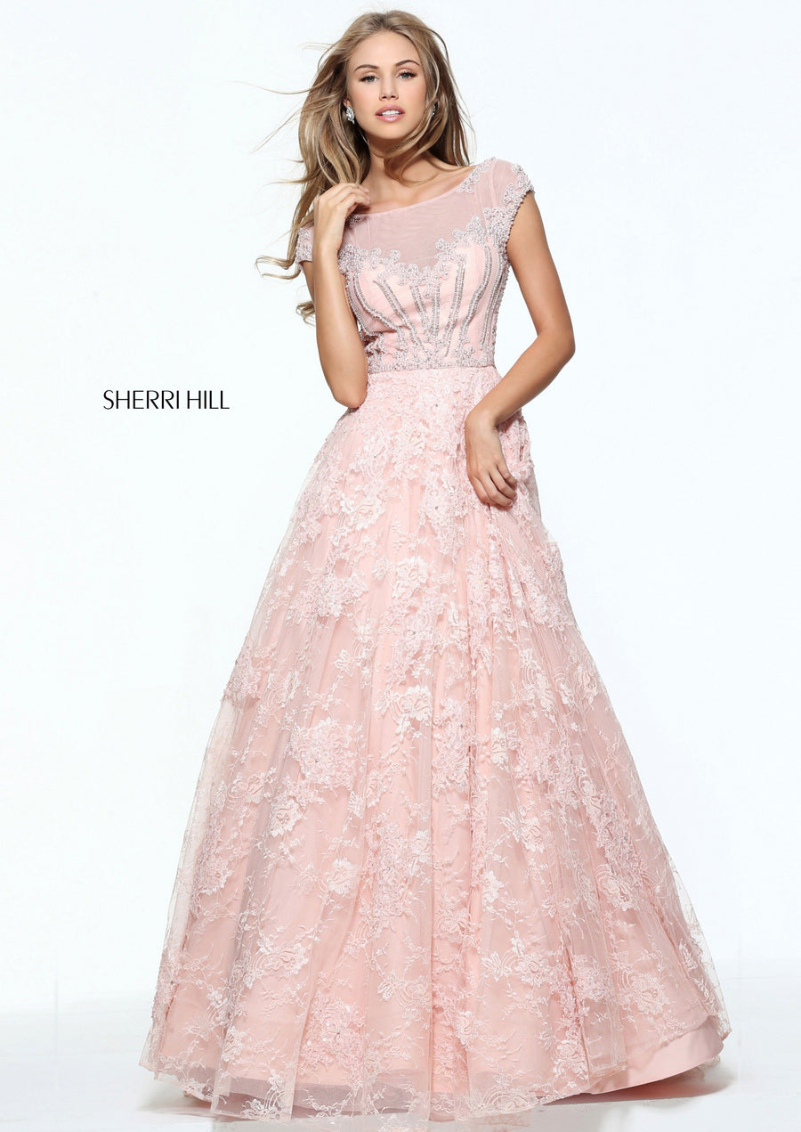 Sherri Hill style 51010 in ivory, Cap Sleeve Lace Ball Gown
