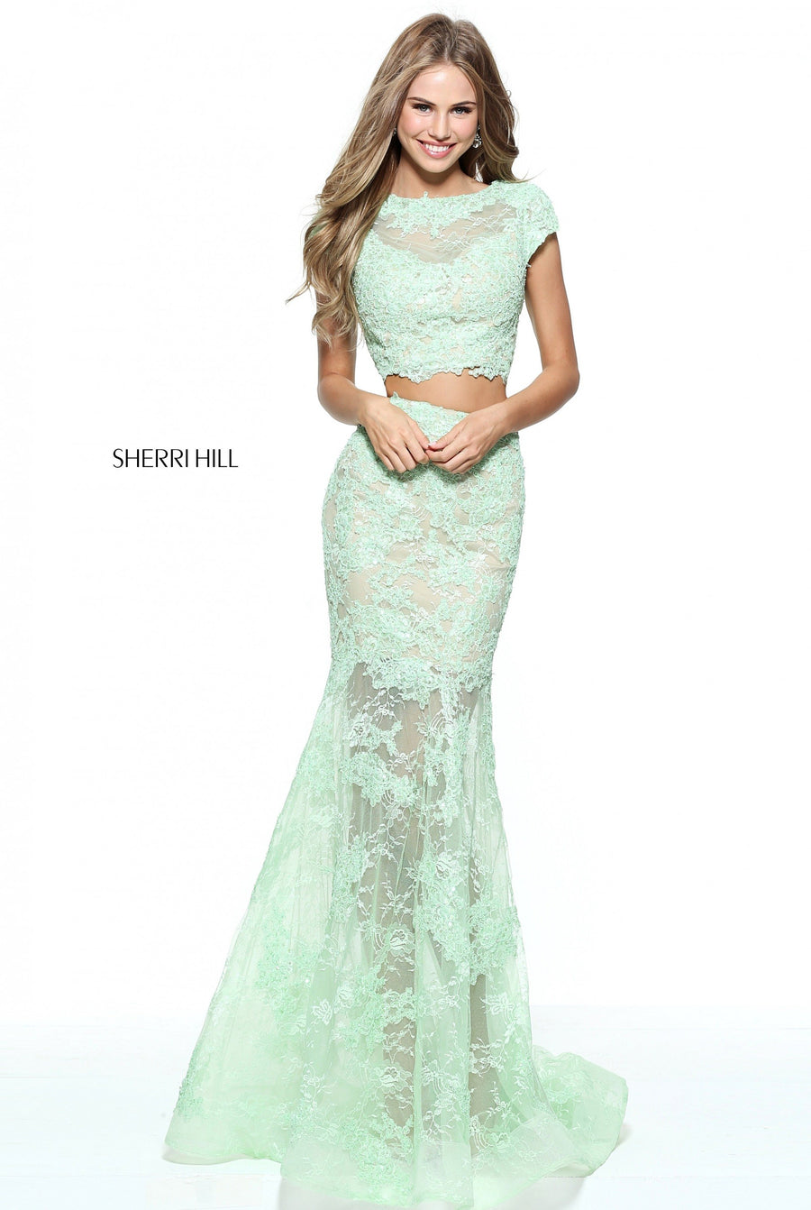 Sherri Hill style 51013 in green, Lace Two Piece Sheer Skirt