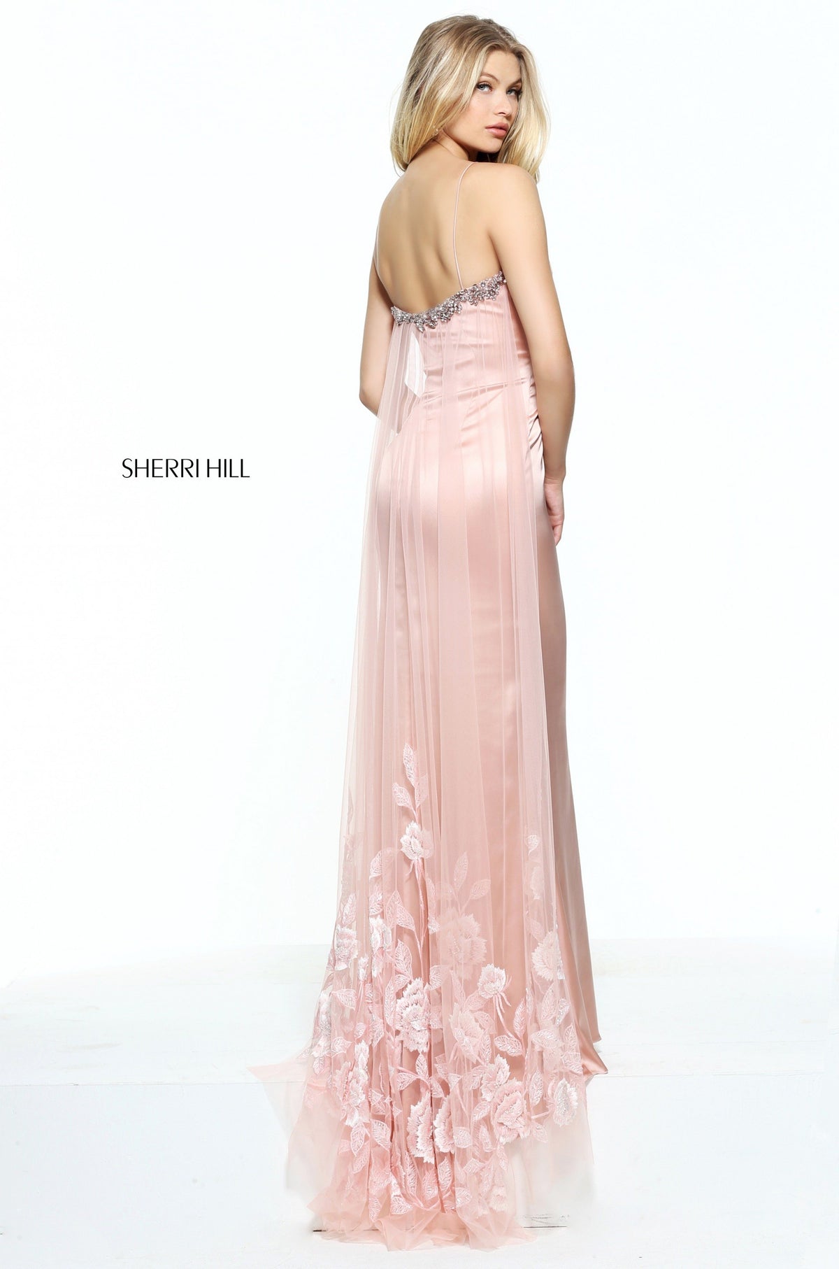 Sherri Hill 51024 stretch satin embroidered tulle cape in blush