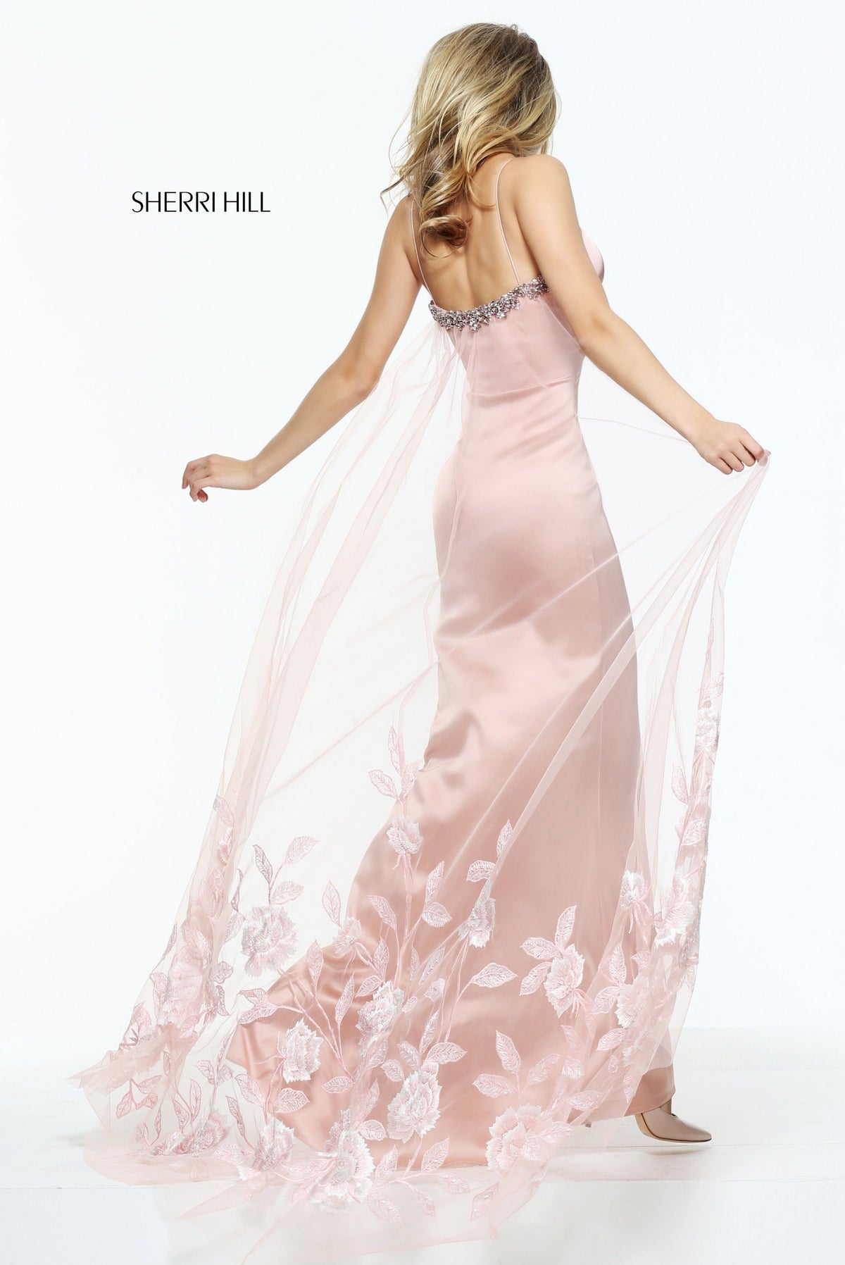 Sherri Hill 51024 stretch satin embroidered tulle cape in blush