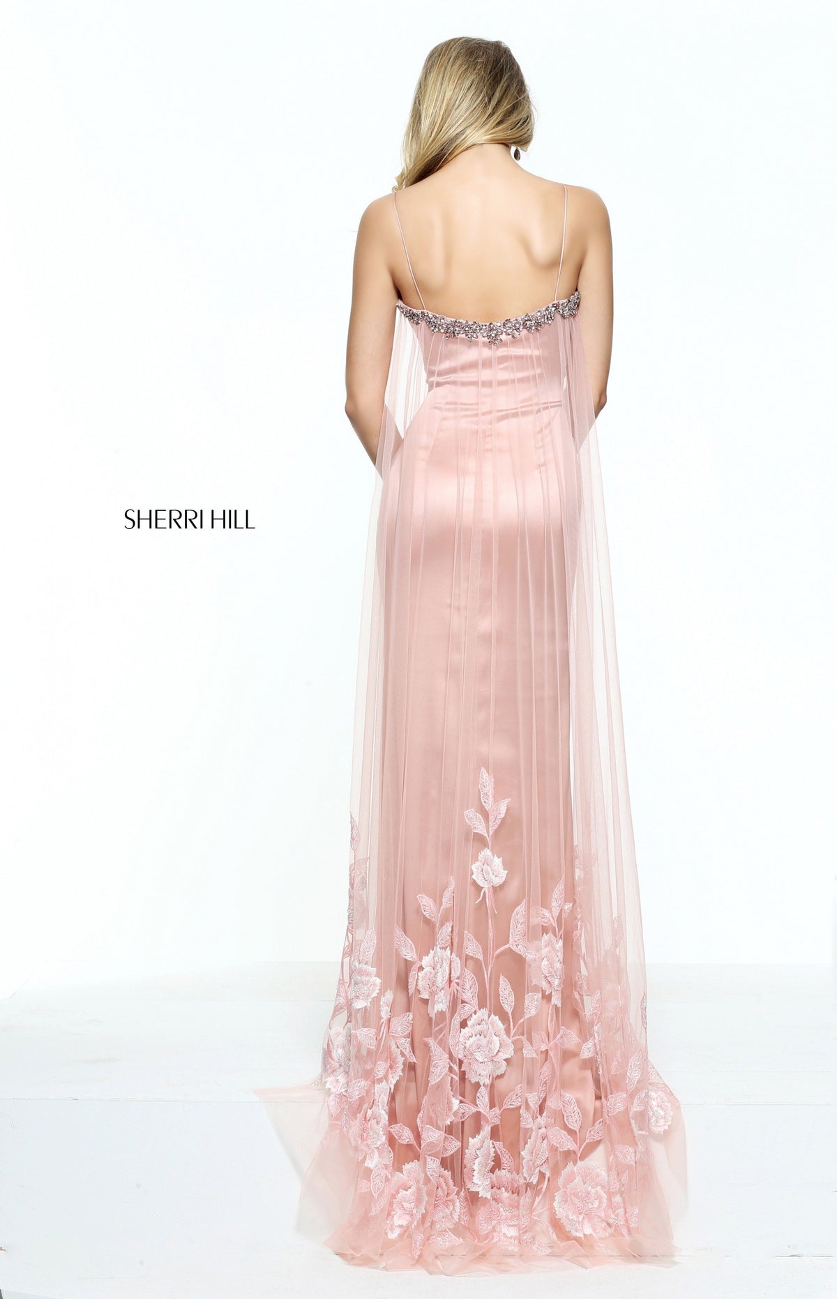 Sherri Hill 51024 stretch satin embroidered tulle cape in blush