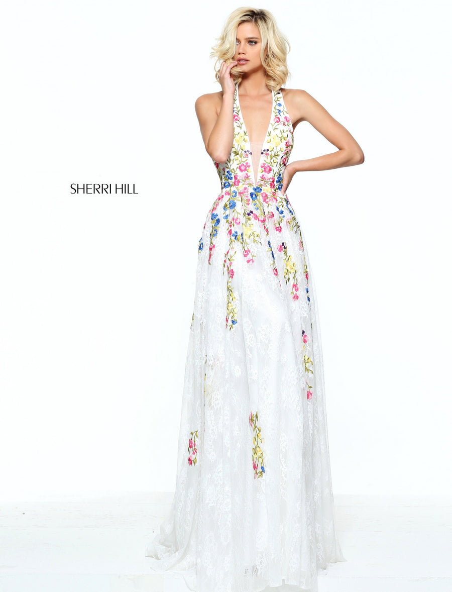 Sherri Hill style 51031 in ivory/multi, Flower Embroidered Lace A-Line Gown