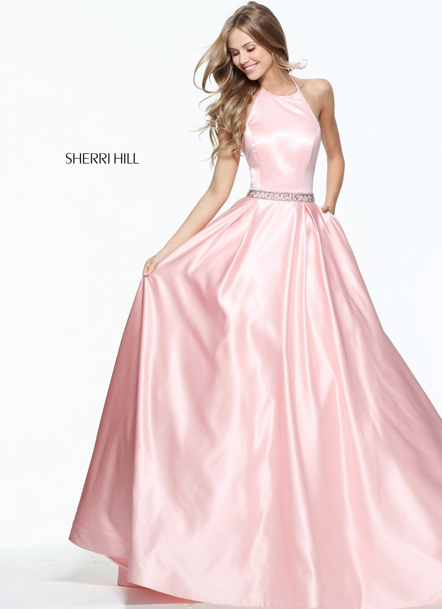 Sherri Hill style 51036 in navy, High Neck Satin Ball Gown