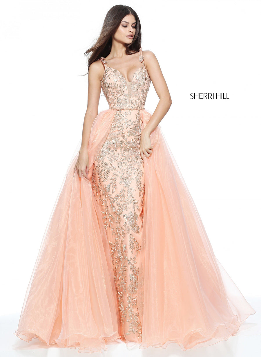 Sherri Hill style 51240 in peach, Fitted Column Organza Over Skirt