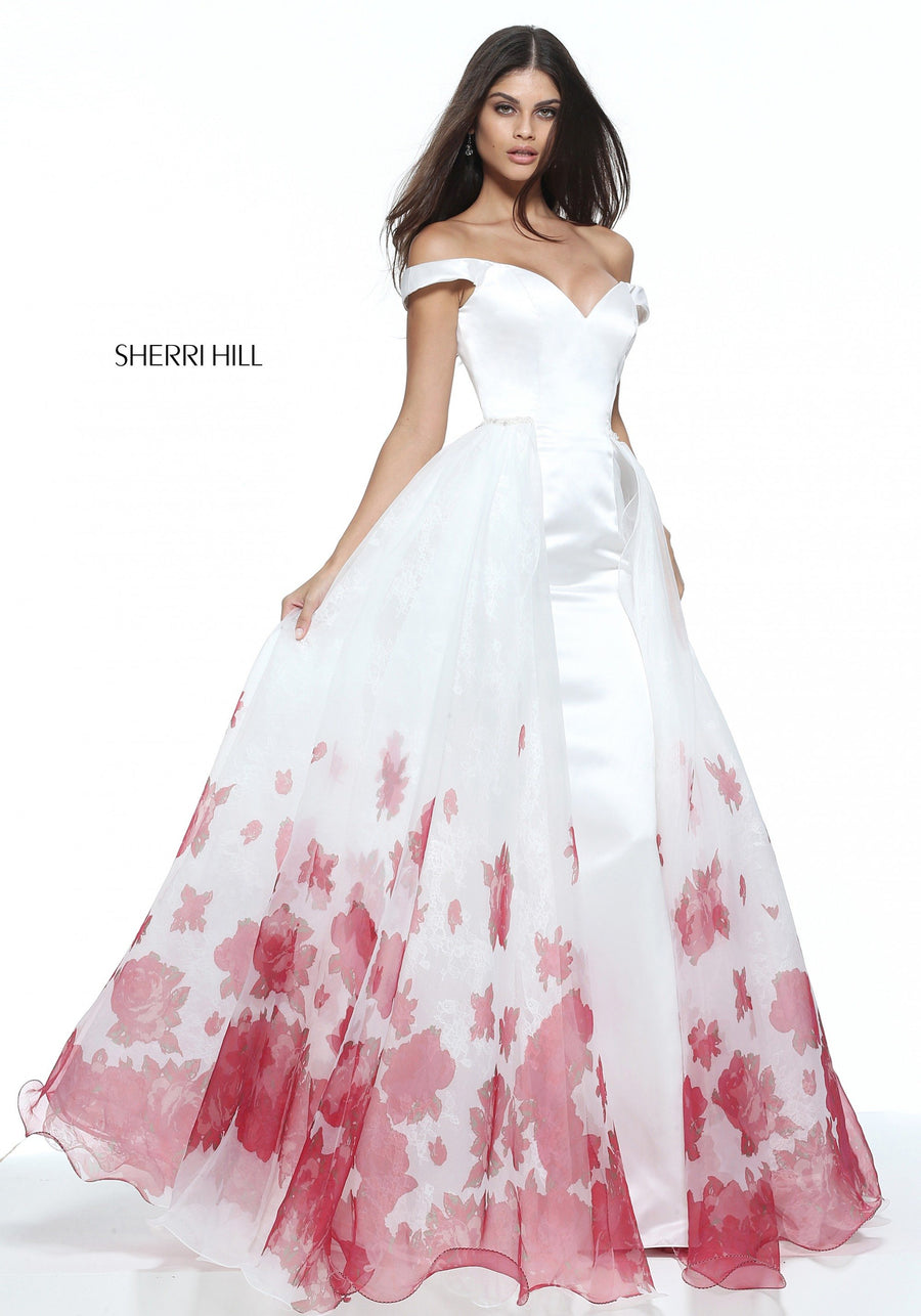 Sherri Hill style 51228 in ivory/red print, Satin Off-the-Shoulder Column Gown