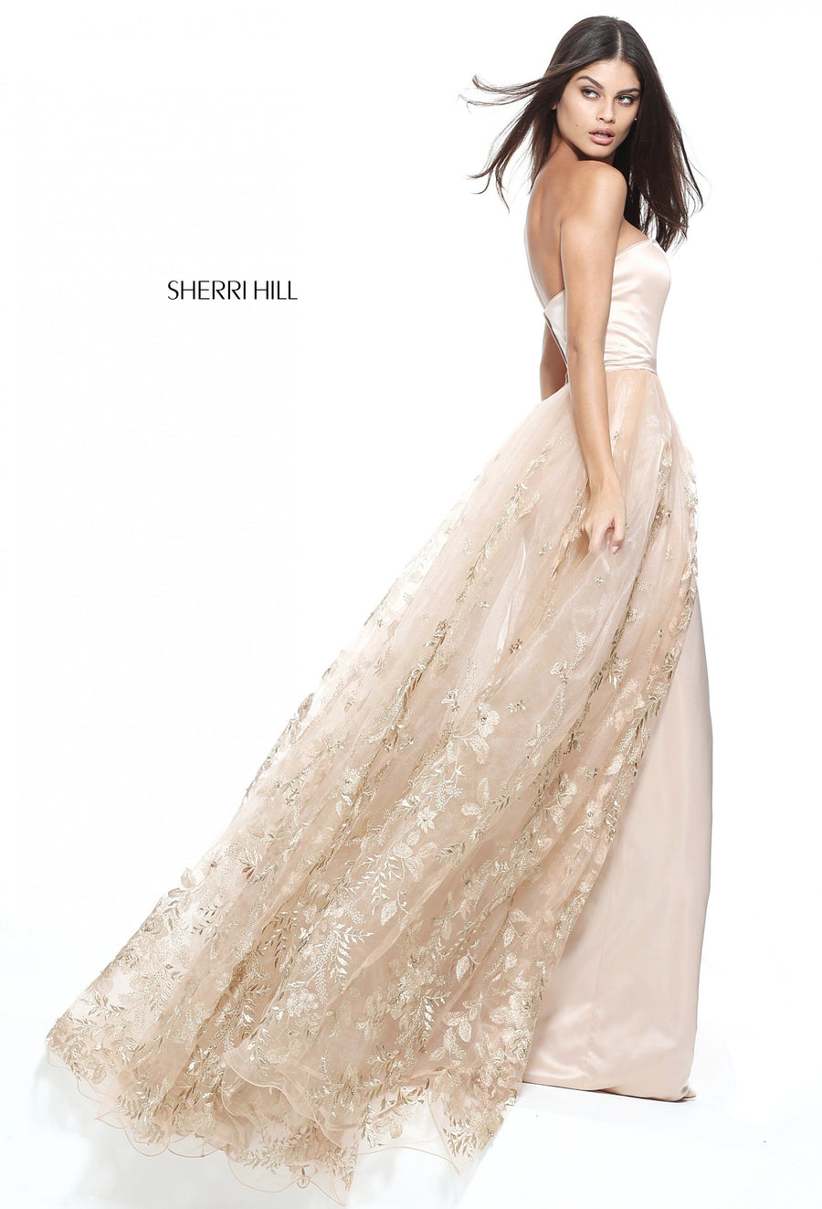 Sherri Hill style 51244 in nude, Strapless Satin Column Gown