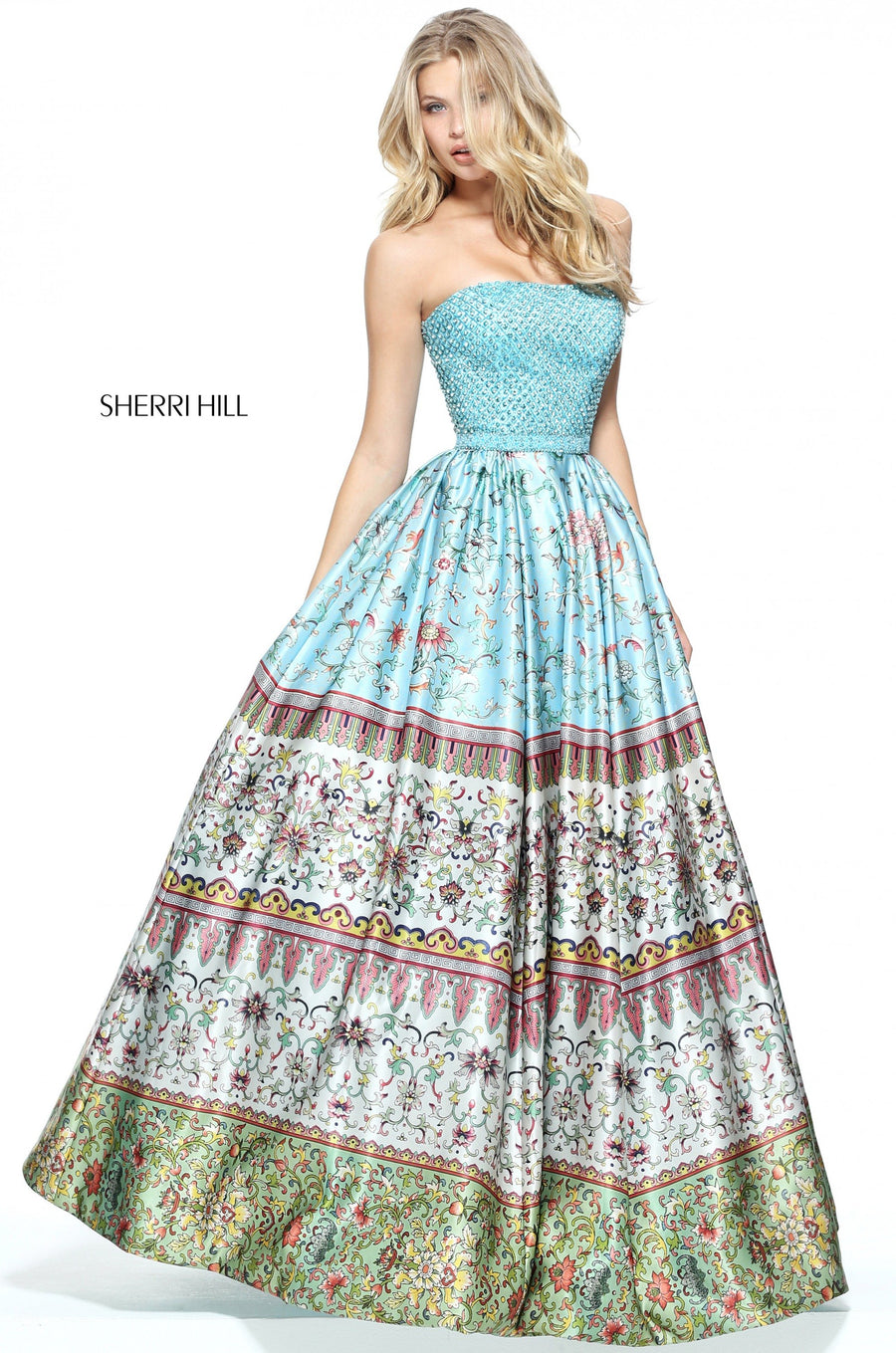 Sherri Hill style 51246 in blue print, Strapless Multi Print Ball Gown