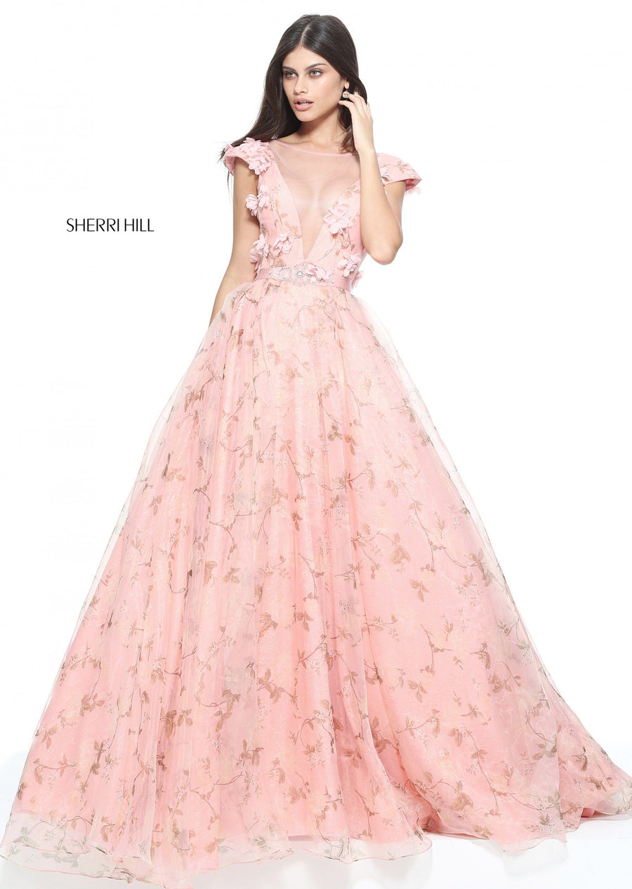 Sherri Hill style 51104 in blush, Organza and Lace Print Ball Gown