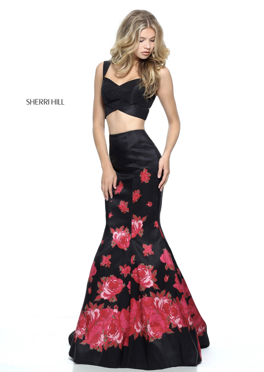 Sherri Hill style 51203 in black/red print, Mermaid Floral Border Print on the Skirt