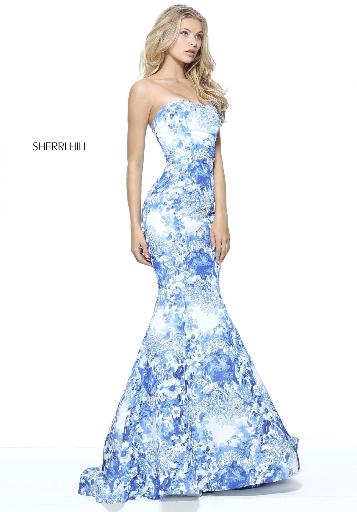 Sherri Hill 51198 strapless mermaid gown in ivory/blue