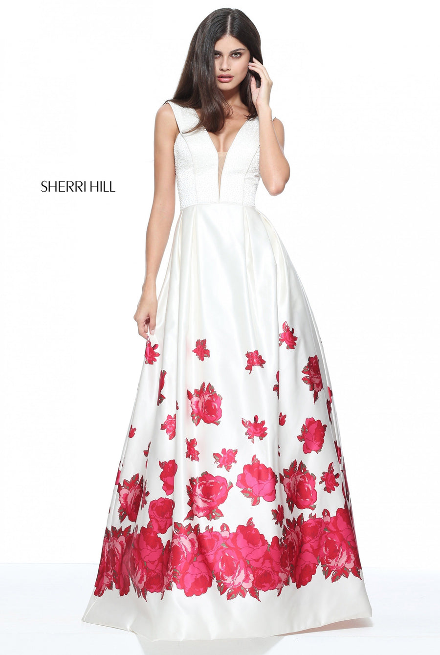 Sherri Hill style 51105 in ivory/red print, Floral Print Satin A-Line Gown