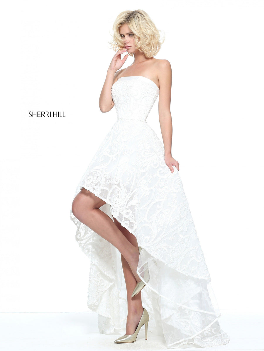 Sherri Hill style 51208 in ivory, Strapless Lace High-Low Dress