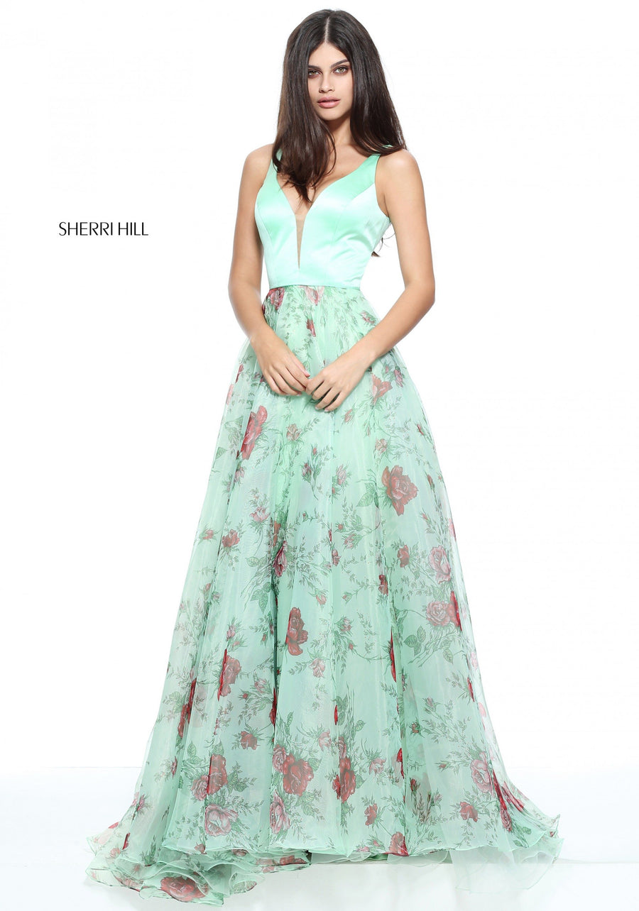 Sherri Hill style 51211 in green print, Organza Floral Print A-Line Gown