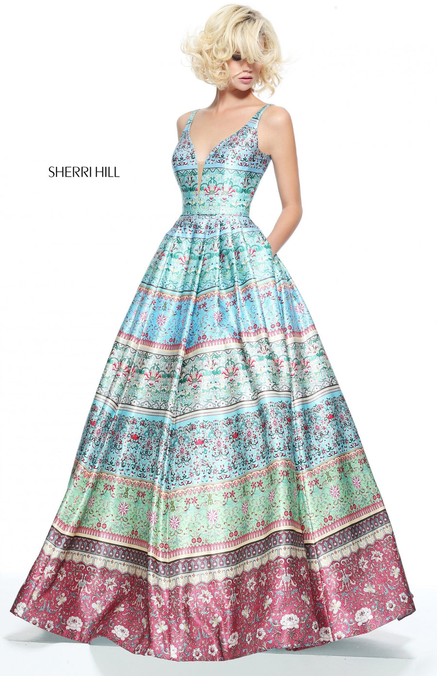 Sherri Hill style 51212 in blue print, V-Neck Multi Blue Green Print Ball Gown