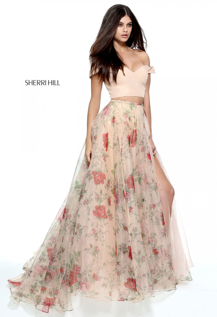 Sherri Hill style 51214 in blue print, Two-Piece Organza Floral Print A-Line Gown